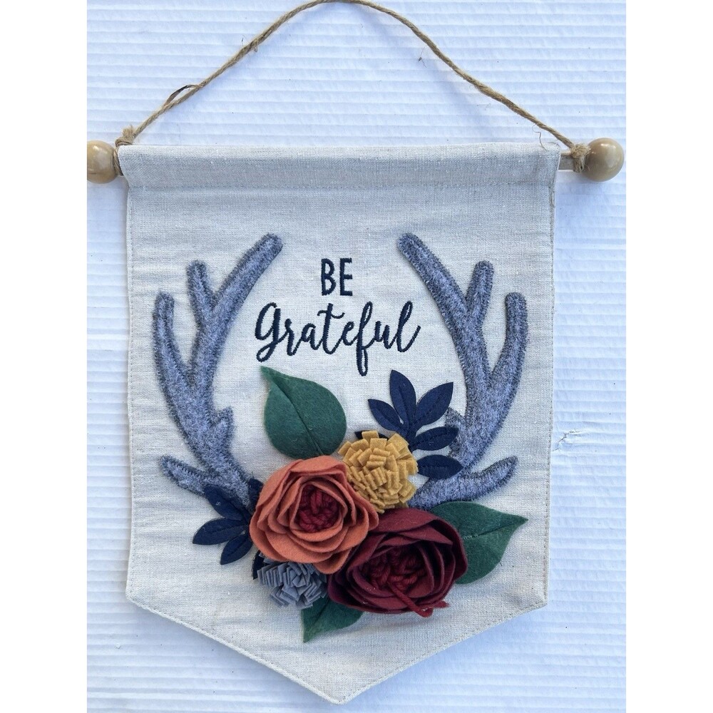 Be Grateful Felt Floral Deer Antler Wall Hanging Boho Fall Christmas Decor